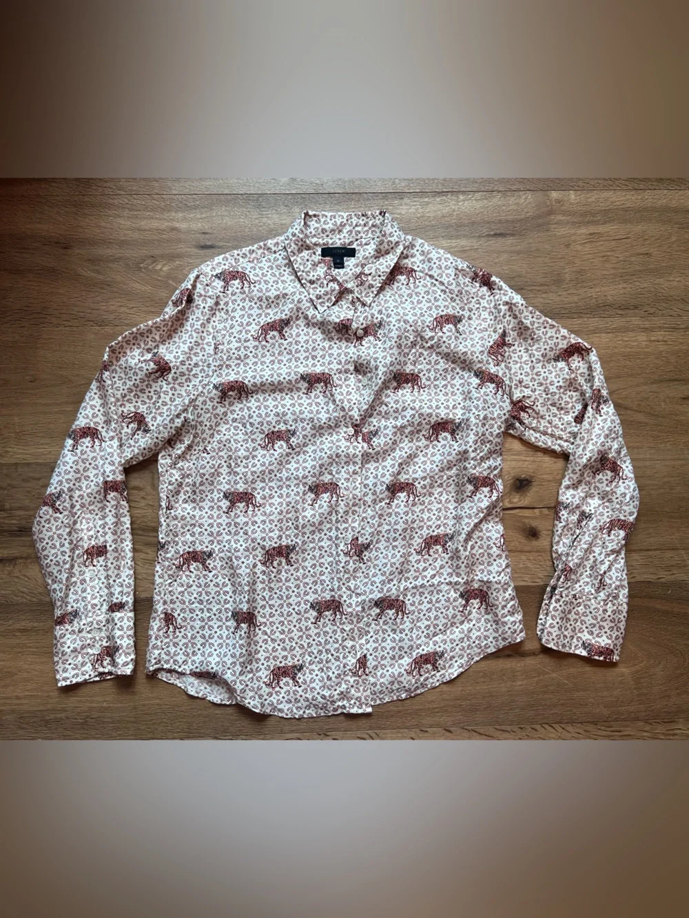 J. Crew Silk Cream Button-Down Shirt with Rust Orange Tiger Print
